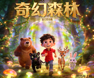 动画电影《奇幻森林》海报，可爱的动物角色在魔法森林中